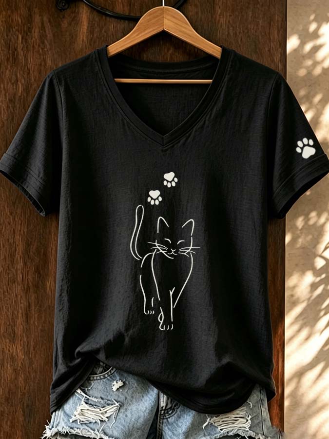 Women'S Cat Printed V-Neck T-Shirt