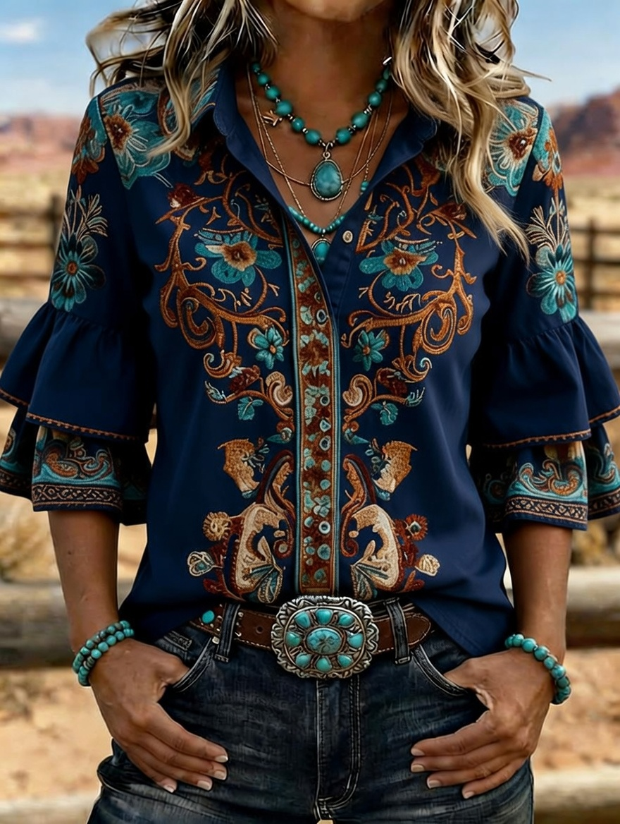 Women's Western Floral Embroidered Denim Bell Sleeve Shirt