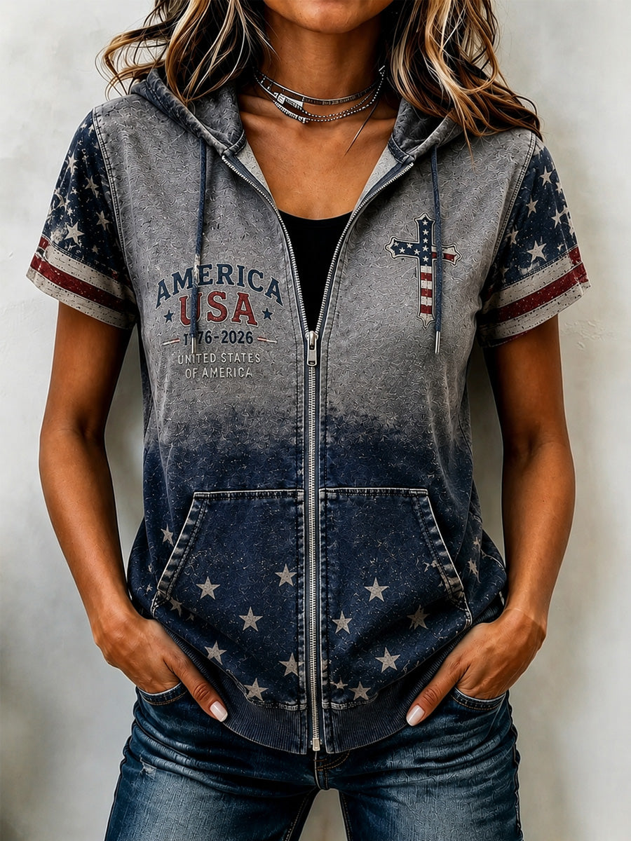 Women'S Casual  Summer Short Sleeved Hooded Top