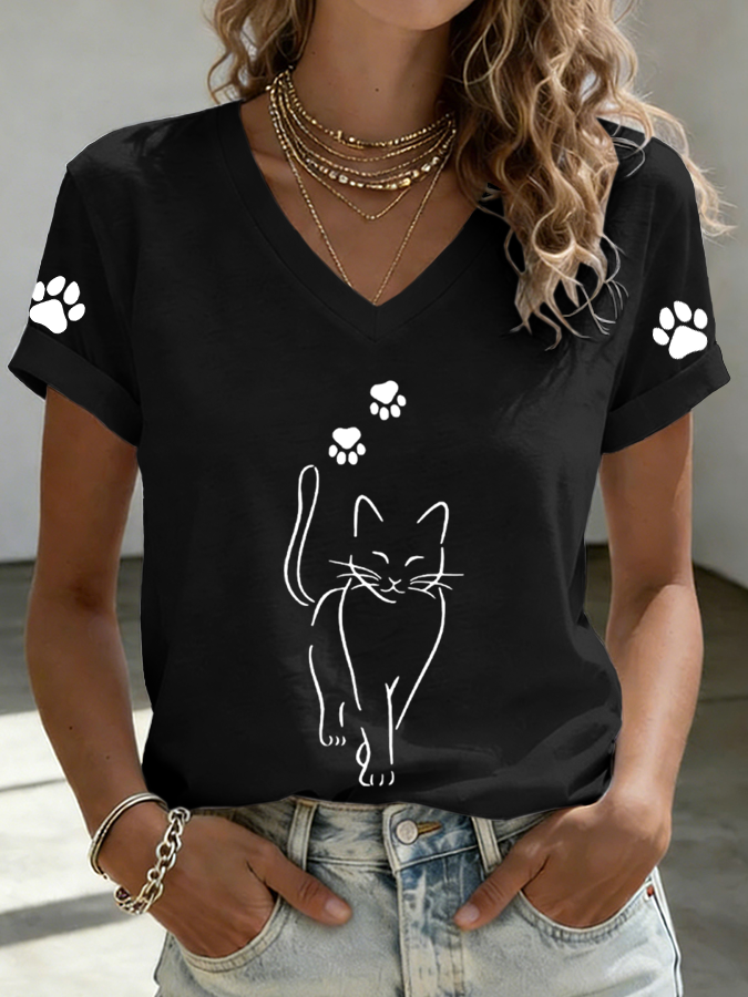 Women'S Cat Print Printed T-Shirt