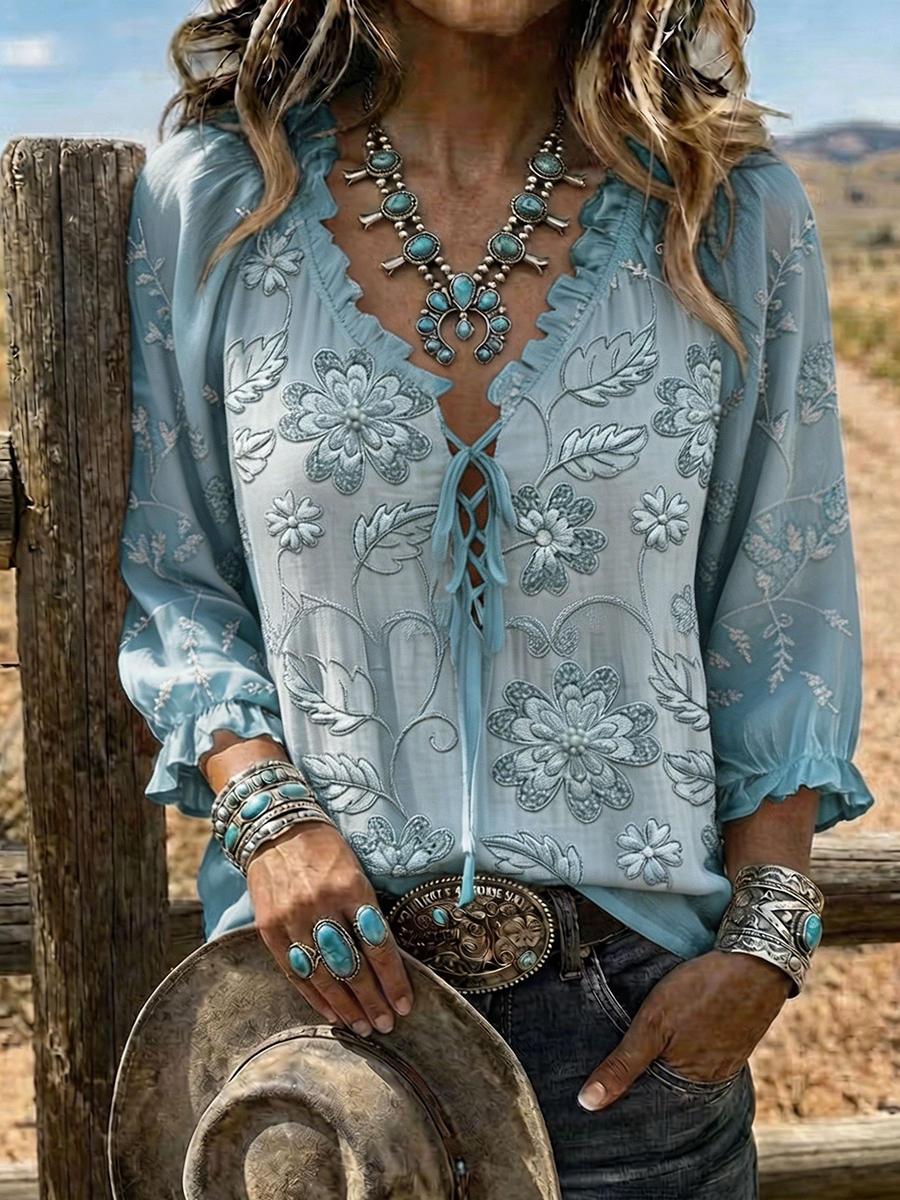 Women's Floral Embroidered Lace-Up Western Blouse
