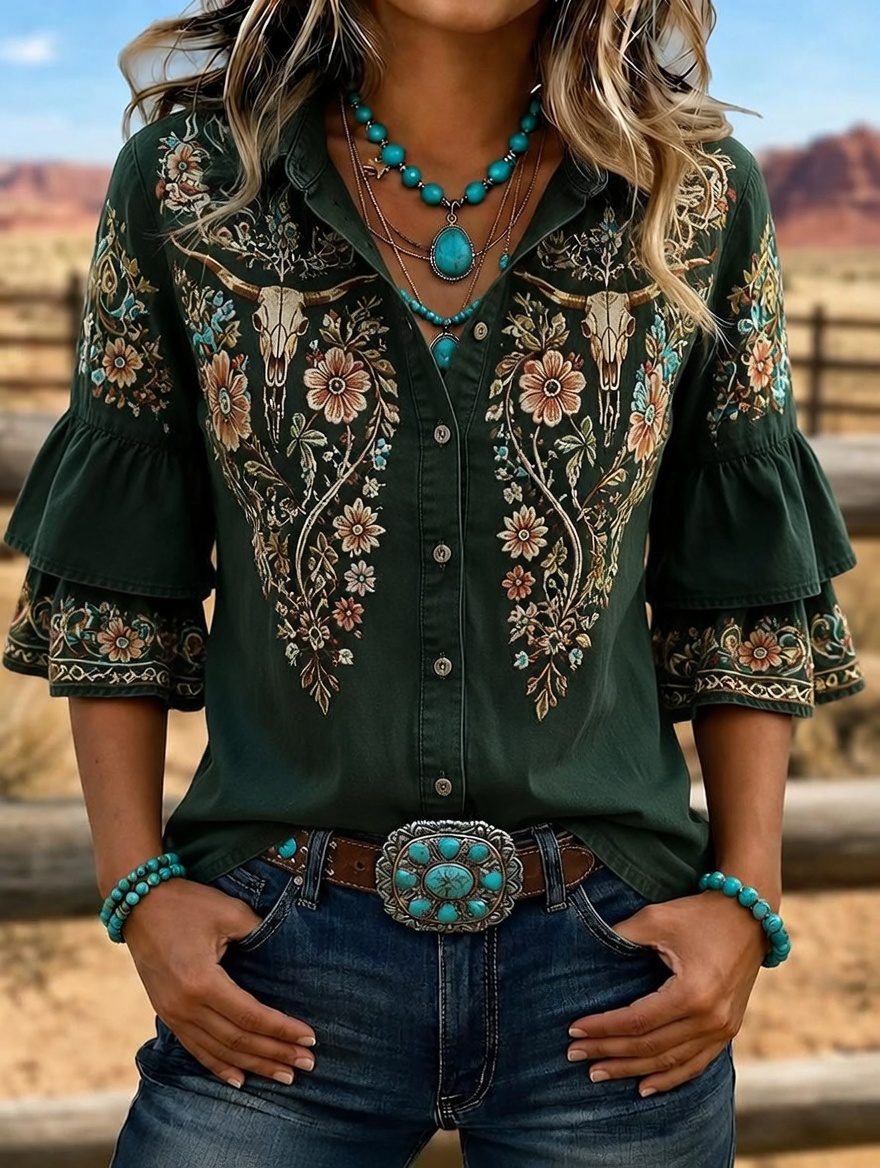 Women's Western Bull Skull Embroidered Ruffle Sleeve Shirt