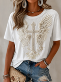 Women'S Faith Rose Wings Three-Dimensional Cross Vintage Print  Short Sleeve T-Shirt