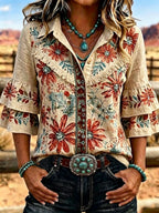 Women's Vintage Floral Print Casual Ruffle Lapel Shirt