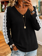 Women'S V-Neck Loose Solid Color Multi-Color Long Sleeved Lace Contrasting Knit Top