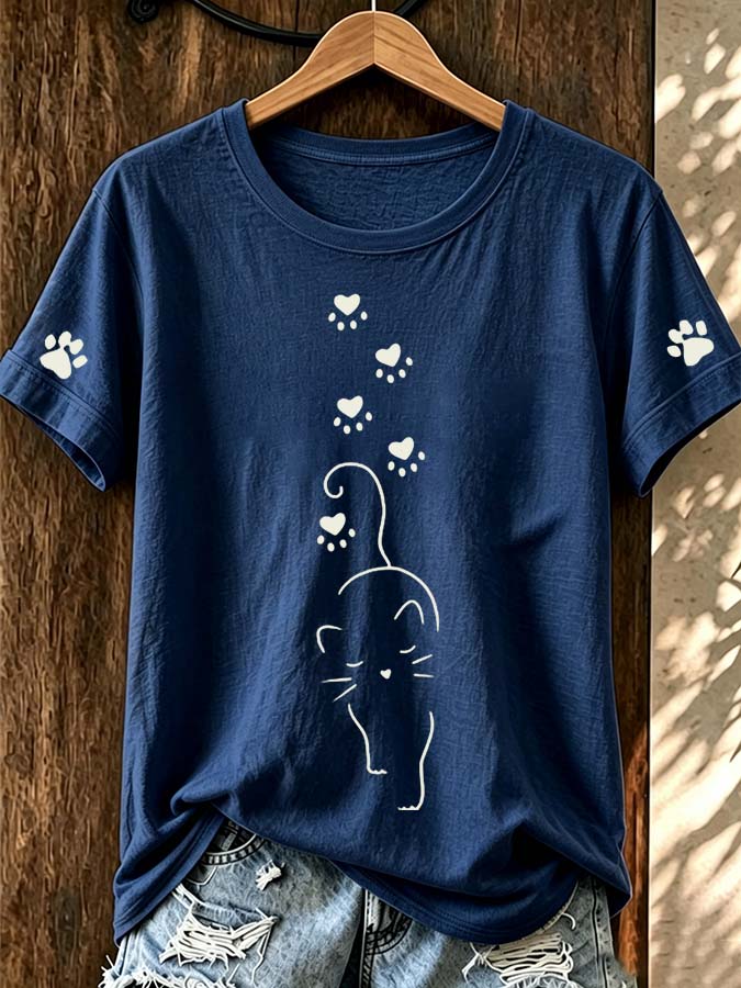 Fun Cat Simple Stroke Cat Paw Print Casual T-Shirt