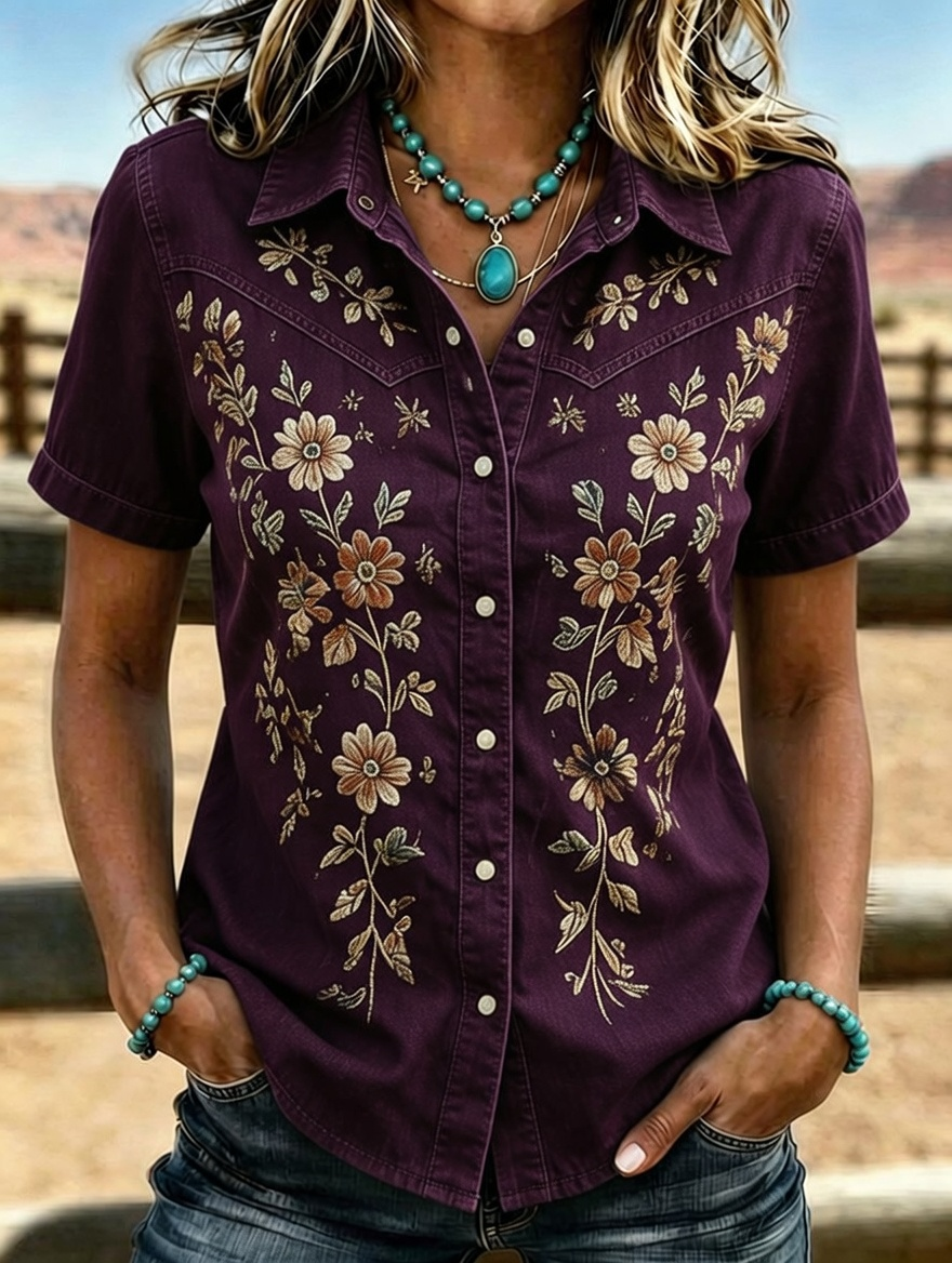 Women's Western Floral Embroidered Short Sleeve Shirt
