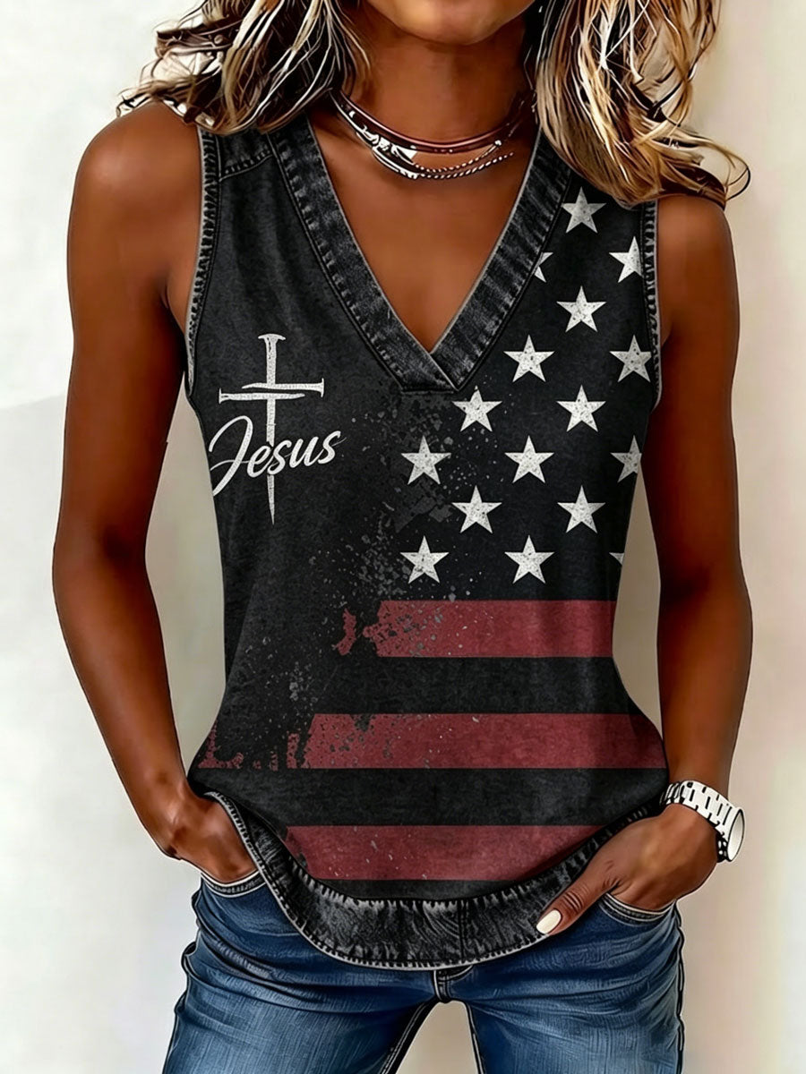 Ladies' Sleeveless V-Neck Independence Day Faith Top