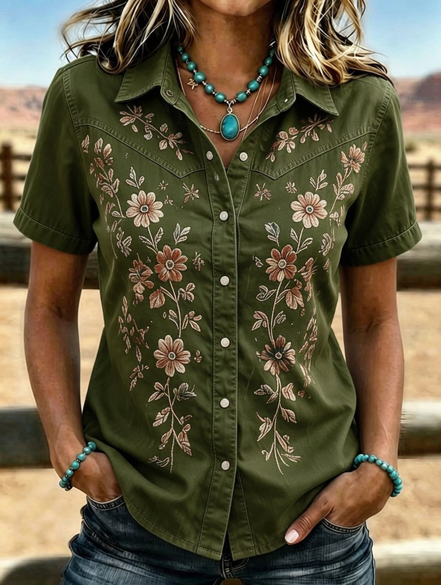 Women's Western Floral Embroidered Short Sleeve Shirt