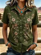 Women's Western Floral Embroidered Short Sleeve Shirt