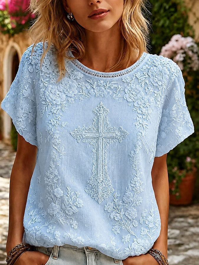 Women'S Retro Faith Floral Cotton And Hemp T-Shirt