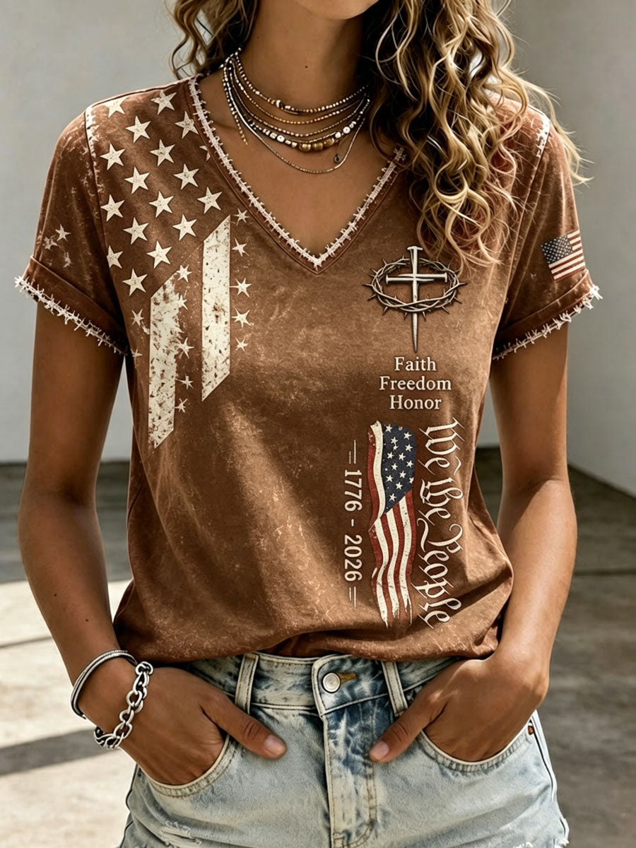 Women's Independence Day Cross Faith V-neck T-shirt