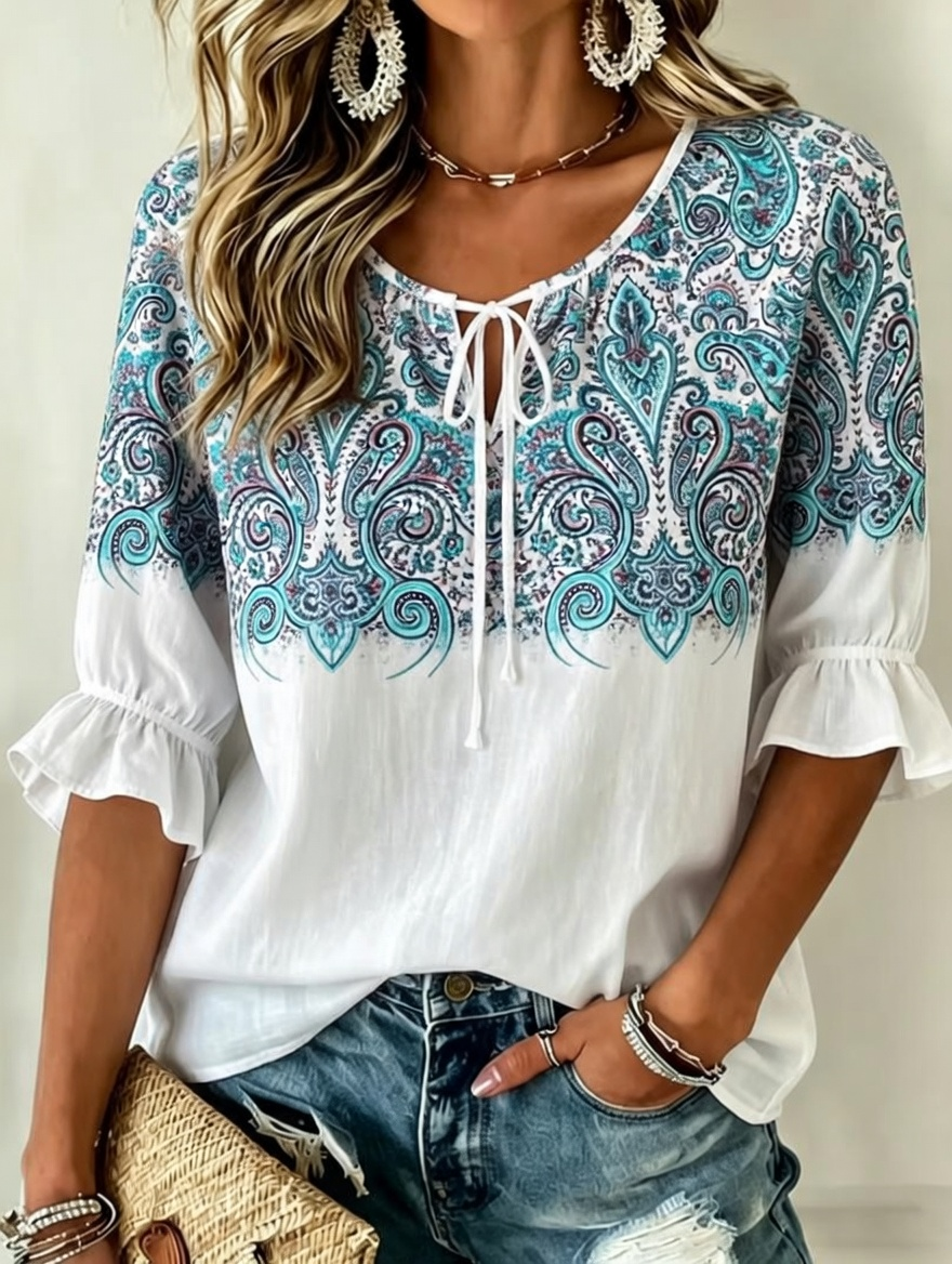 Women's Vintage Flowers Print Patchwork Casual Shirt
