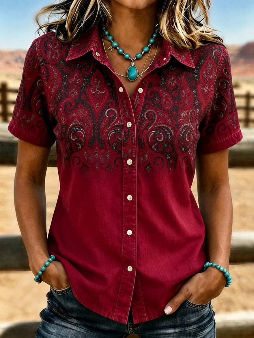 Women's Turquoise Ombre Paisley Print Short Sleeve Western Shirt