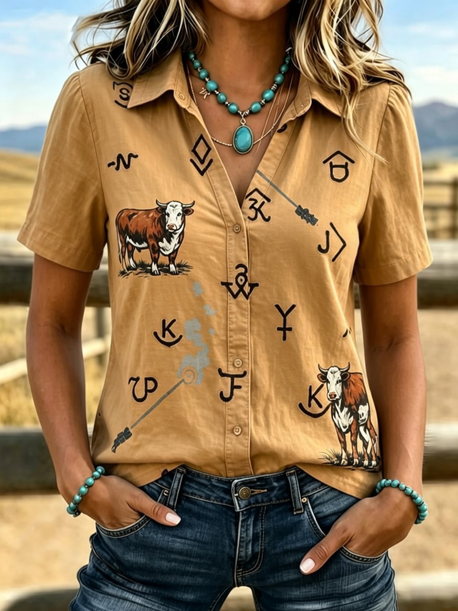 Women'S Retro Western Style Printed Short Sleeved Shirt
