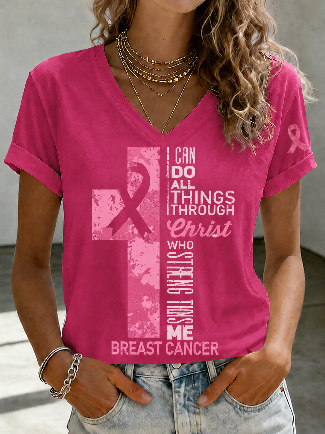 Women'S Faith And Breast Cancer Promotion Printed Short Sleeved T-Shirt