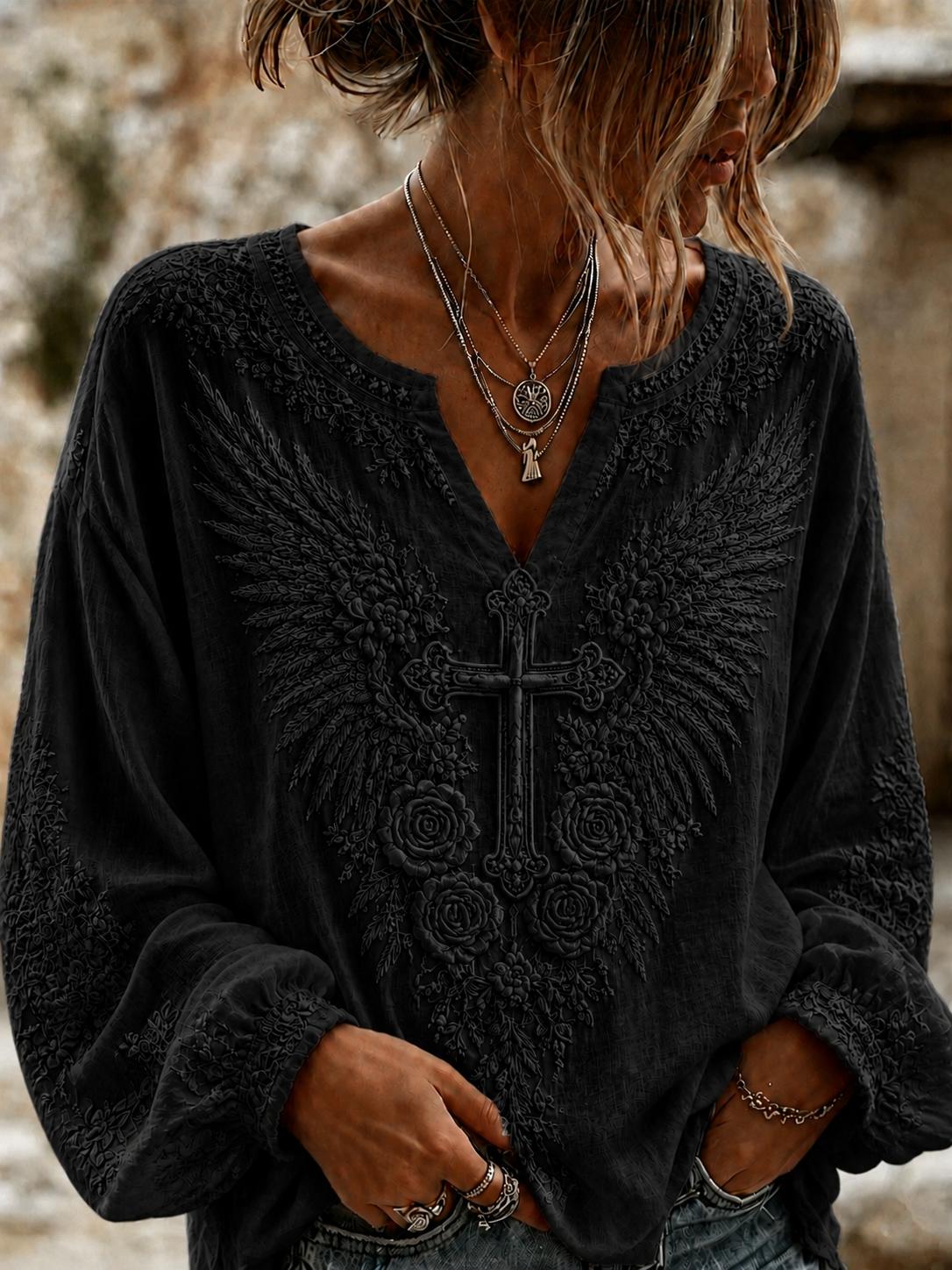 Women'S Cross Angel Wings Printed Casual Top