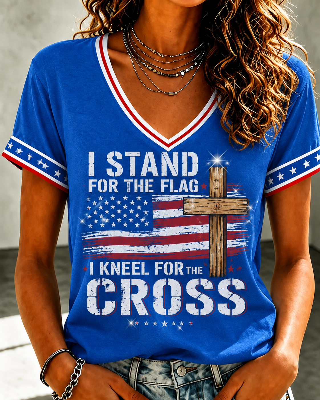 Women'S Belief Cross Flag Print Casual V-Neck Top