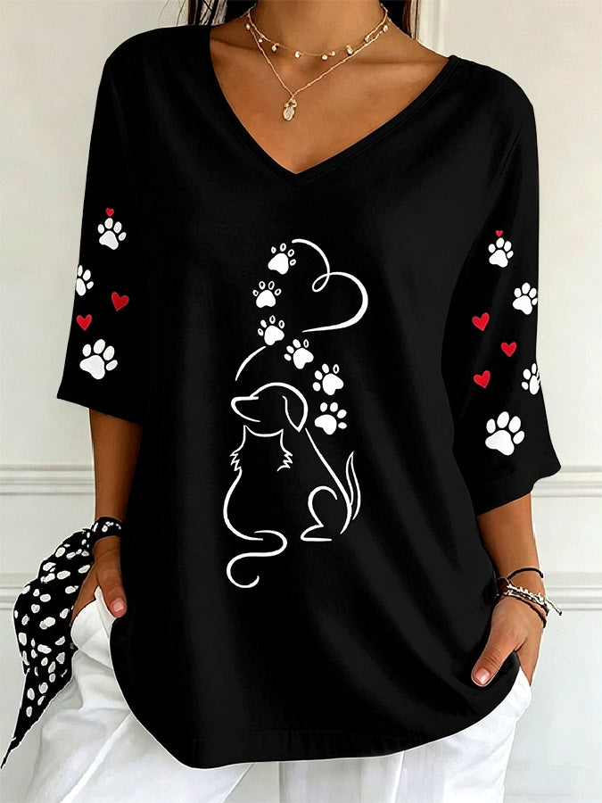 Women's Line Art Dog Paw Heart V Neck 3/4 Sleeve Blouse