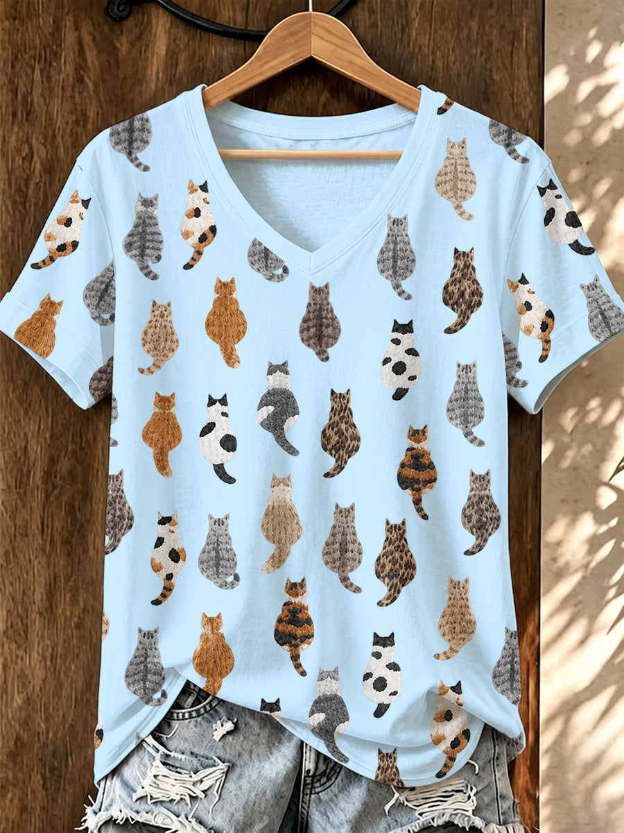 Women'S Cat Printed V-Neck T-Shirt