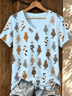 Women'S Cat Printed V-Neck T-Shirt