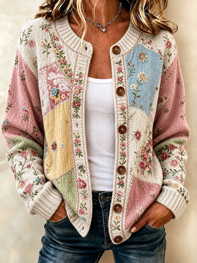 Ladies' Casual Floral Print Knitted Cardigan Top