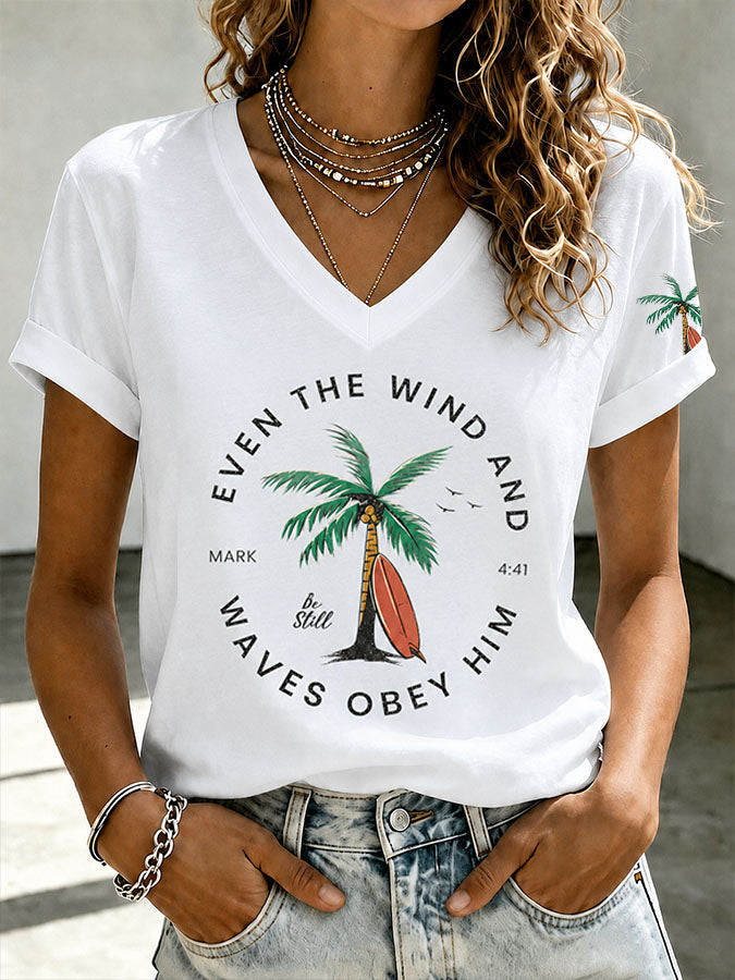Women'S ���Even The Wind And Waves Obey Him��� Print V-Neck T-Shirt