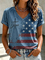 Women's Independence Day Cross Faith V-neck T-shirt