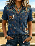 Women'S Retro Western Style Printed Short Sleeved Shirt
