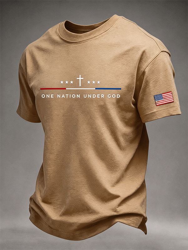 Men's One Nation Under God Cross 250 Years American Flag Sleeve Print Crew Neck Tee