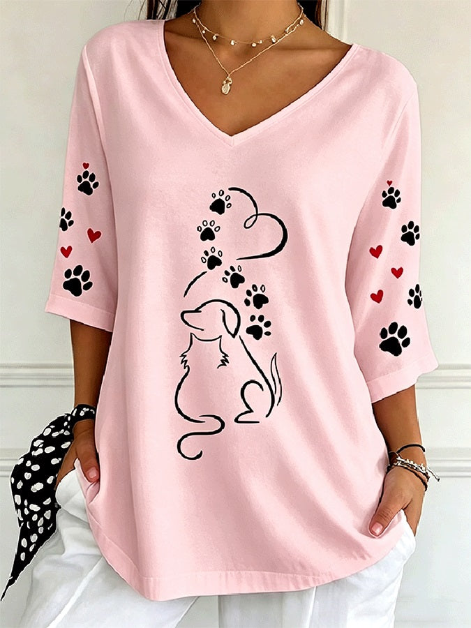 Women's Line Art Dog Paw Heart V Neck 3/4 Sleeve Blouse