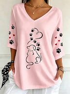 Women's Line Art Dog Paw Heart V Neck 3/4 Sleeve Blouse