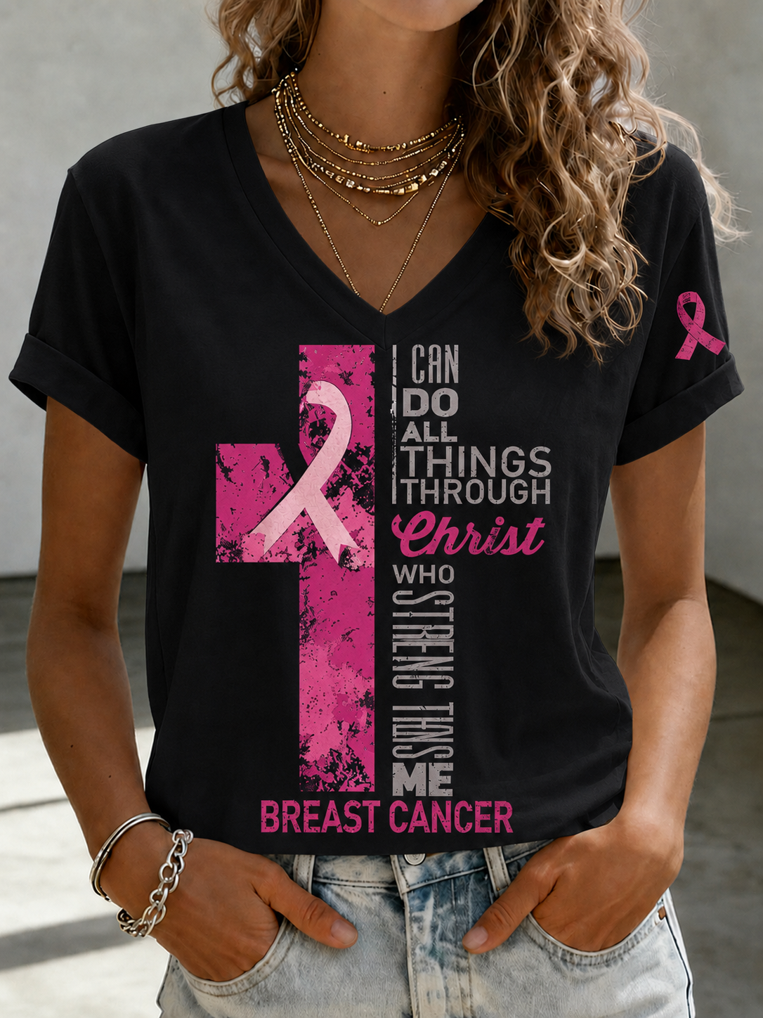 Women'S Faith And Breast Cancer Promotion Printed Short Sleeved T-Shirt