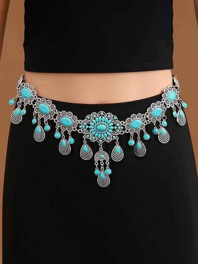 Metal Turquoise Tassel Floral Teardrop Belt