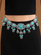 Metal Turquoise Tassel Floral Teardrop Belt