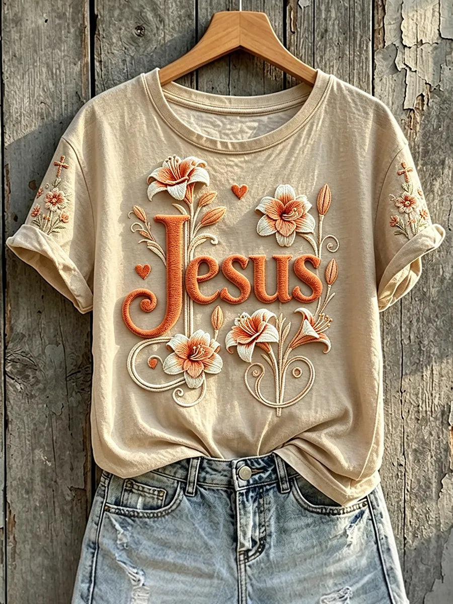 Women's Vintage Jesus Floral Art Print Short-sleeved T-shirt