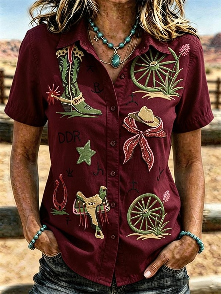 Cowboy Boot Horseshoe Embroidery Western Short Sleeve Shirt