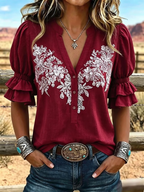 Women's Vintage Art Print Puff Sleeve Casual Shirt
