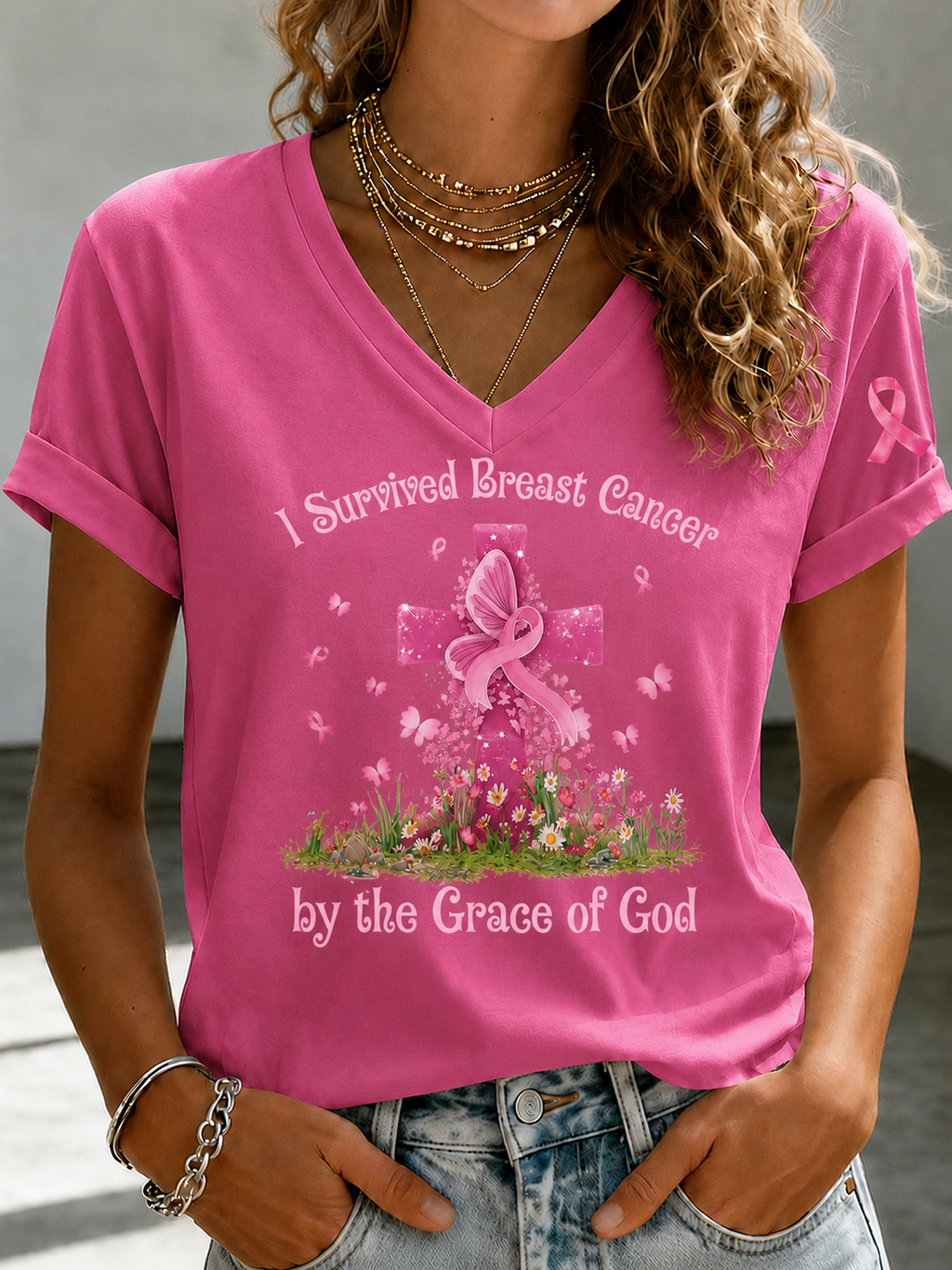 Women'S Faith And Breast Cancer Promotion Printed Short Sleeved T-Shirt