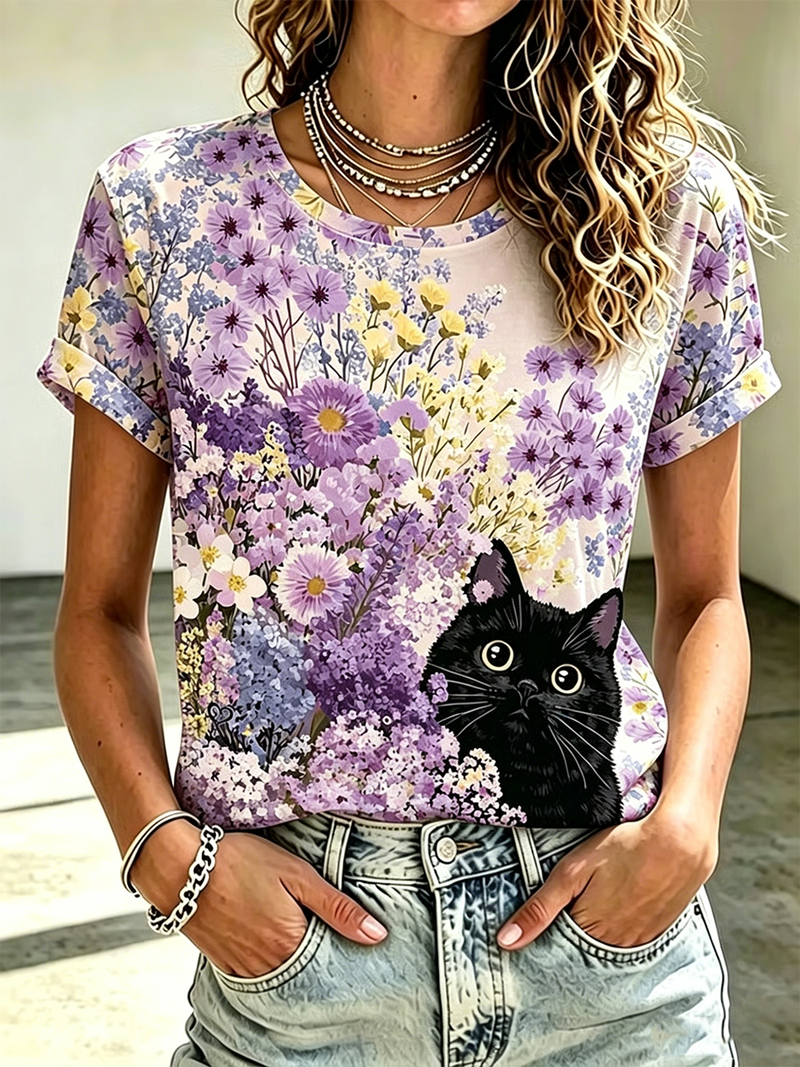 Women'S Casual Floral Cat Printed T-Shirt