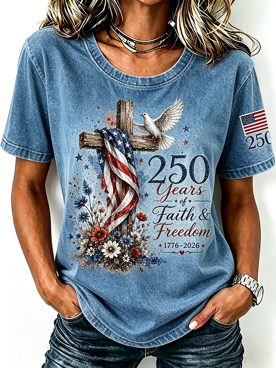 American Flag Cross Jesus Sequin Print Round Neck Top
