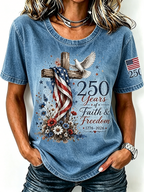 American Flag Cross Jesus Sequin Print Round Neck Top