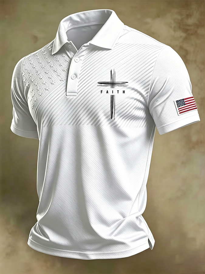 Men'S National Flag And Cross Print Casual Polo Shirt