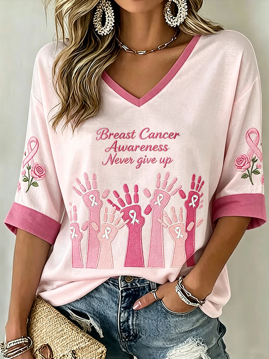 Women'S Breast Cancer Awareness Main Pattern Printed Mid-Length Sleeves V-Neck T-Shirt