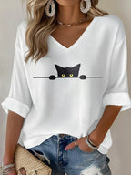 Women'S Cat Printed Waffle T-Shirt
