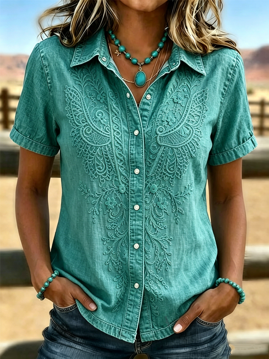 Women'S Retro Western-Style Print Short-Sleeved Shirt