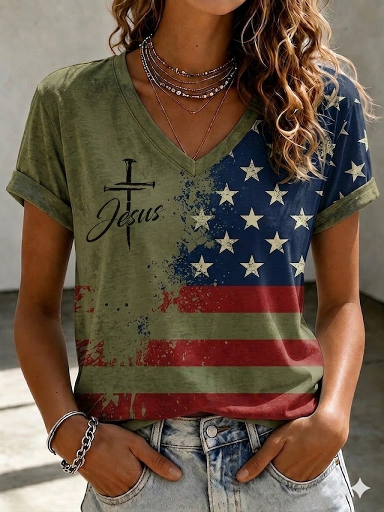 Women's Independence Day Cross Faith V-neck T-shirt