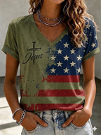 Women's Independence Day Cross Faith V-neck T-shirt
