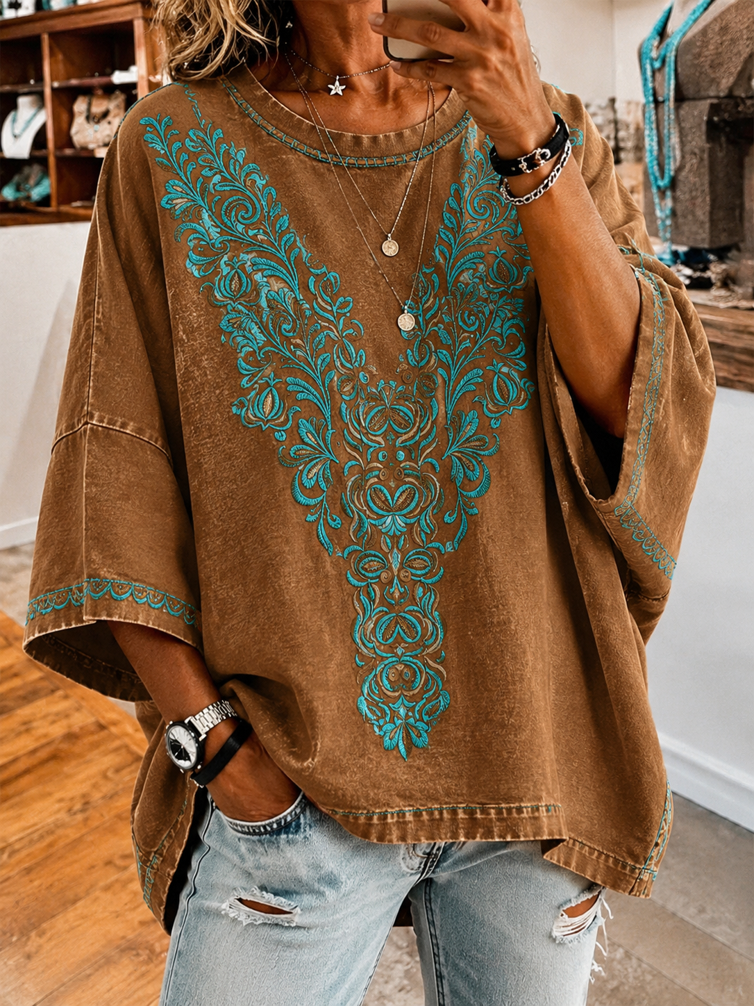 Women's Retro Ethnic Art Floral Loose Top