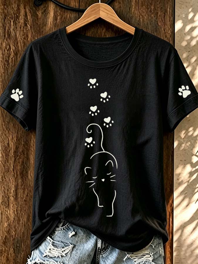 Fun Cat Simple Stroke Cat Paw Print Casual T-Shirt
